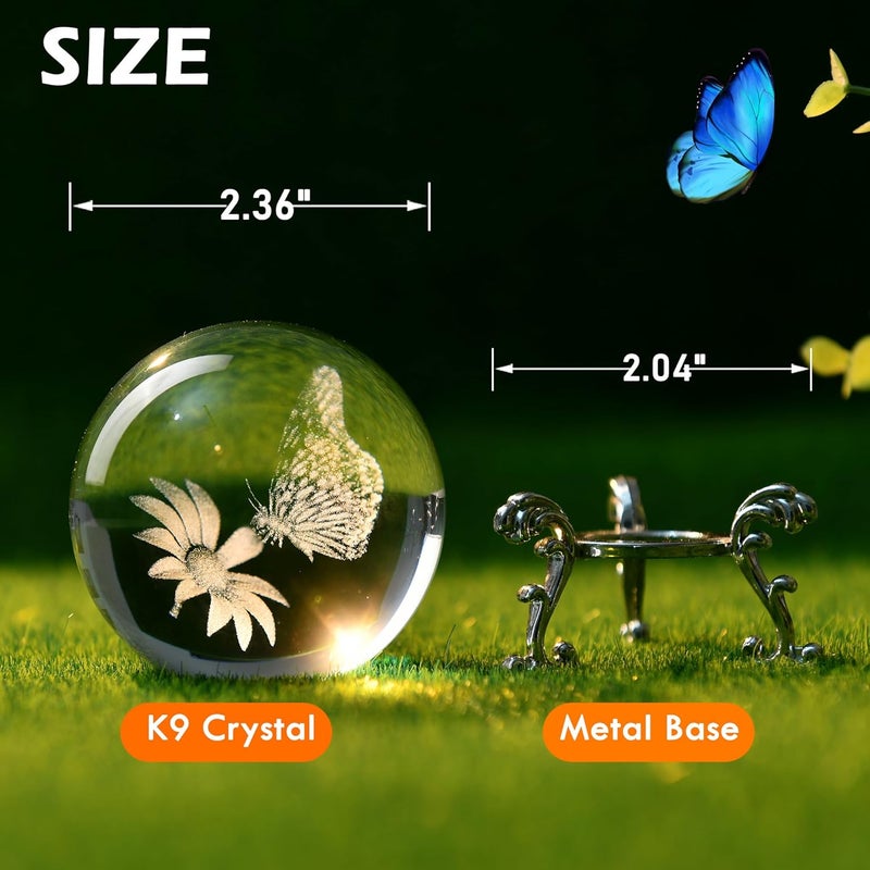 IFOLAINA 3D Butterfly Crystal Ball 60mm Gifts Ideas for Girlfriend Wife Mom Couple Her Butterfly on Sunflower in Glass Ball with Stand Flower Sphere Novelty Home Decor - Image 2